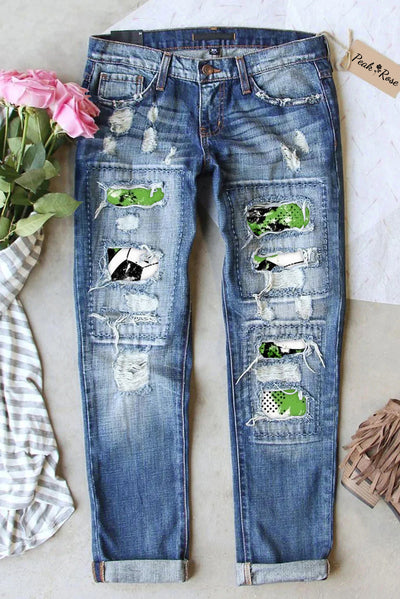 Soccer Splash Ink Green Oil Color Printing And Dyeing Denim Jeans