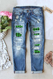 Plaid Casual Straight Denim Jean