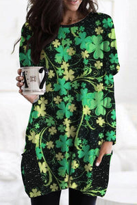 Retro Four-Leaf Clover Clover Full Print Round Neck Pocket Long Shirt Pullover Tunic With Pockets
