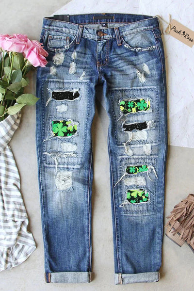 Retro Four-Leaf Clover Clover Full Print Jeans