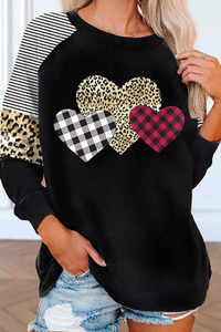 Striped Plaid Leopard Heart Round Neck Sweatshirt