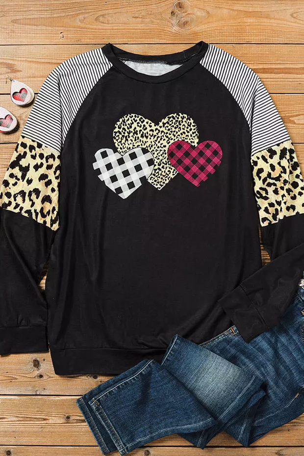 Striped Plaid Leopard Heart Round Neck Sweatshirt