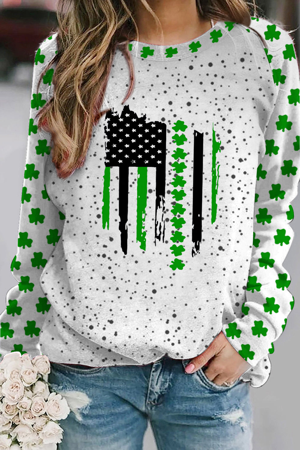 Textured Spotted Lucky Clover Striped Flag Sweatshirt