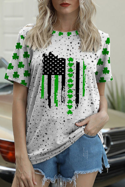 Textured Spotted Lucky Clover Striped Flag Round Neck T-shirt