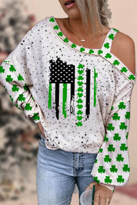 Textured Spotted Lucky Clover Striped Flag Off Shoulder Blouse