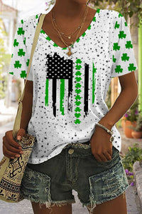 Textured Spotted Lucky Clover Striped Flag V Neck T-shirt