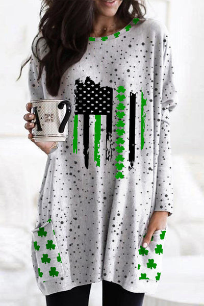 Textured Spotted Lucky Clover Striped Flag Tunic with Pockets