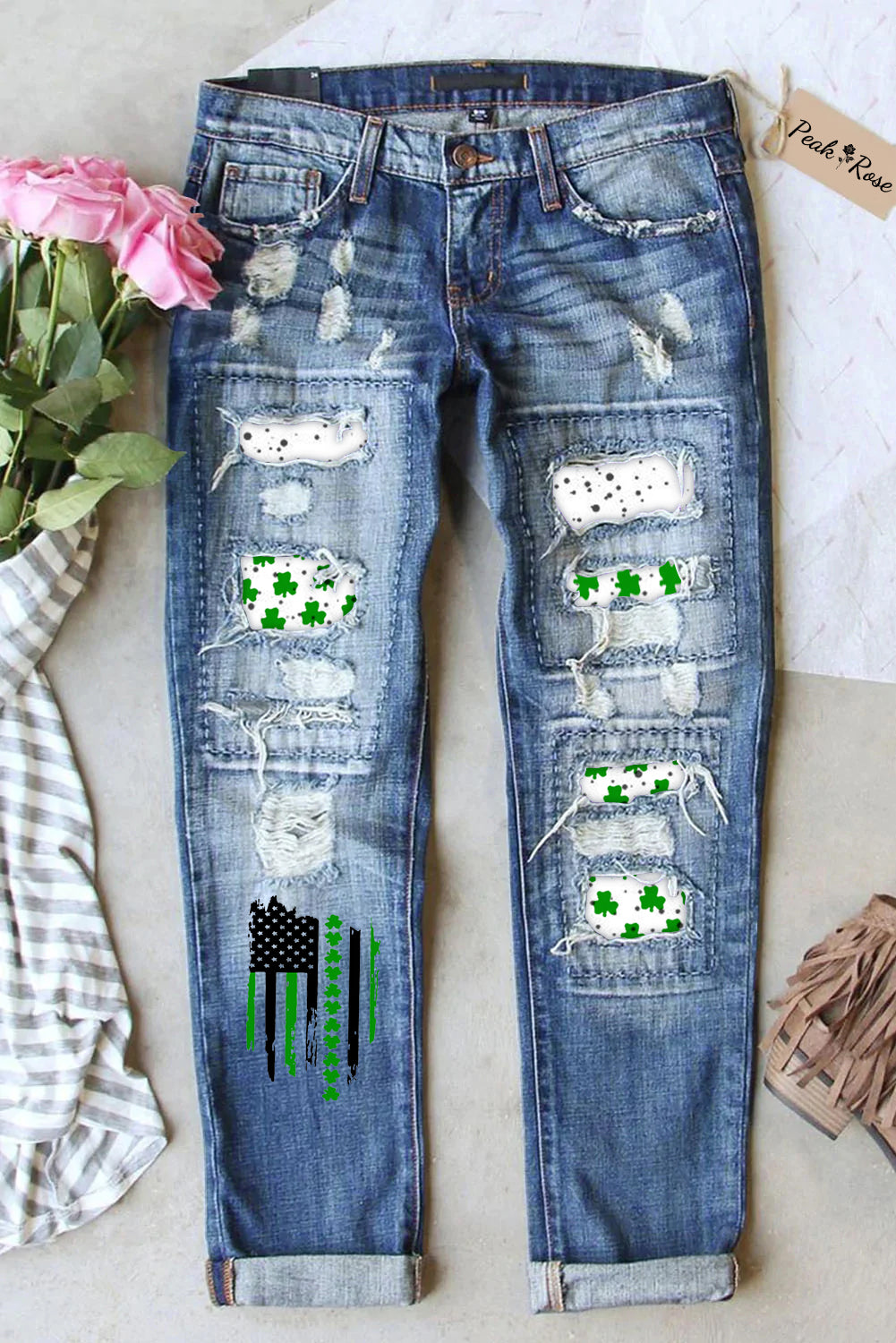 Textured Spotted Lucky Clover Striped Flag Denim Jeans