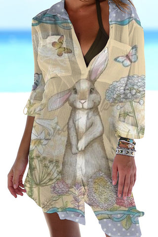 The Little Gray Rabbit In The Flowers Standing Bunny Patch Front Pockets Shirt