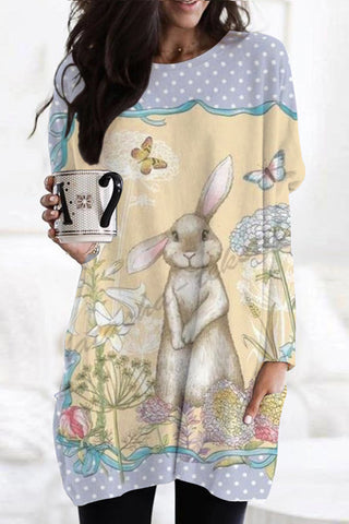 The Little Gray Rabbit In The Flowers Standing Bunny Tunic with Pockets