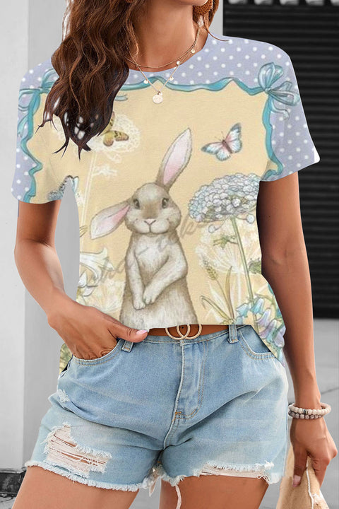 The Little Gray Rabbit In The Flowers Standing Bunny O Neck T-shirt