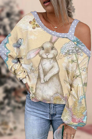 The Little Gray Rabbit In The Flowers Standing Bunny Off Shoulder Blouse