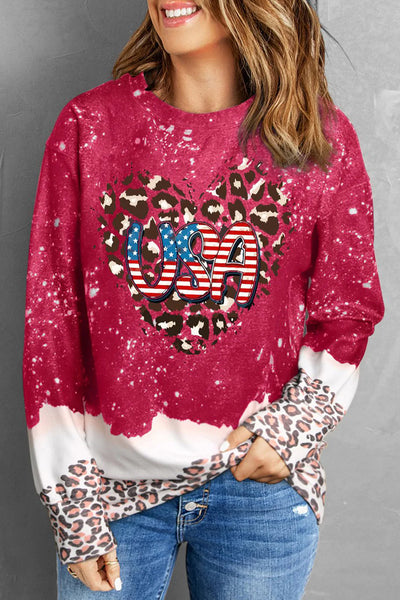 USA America Flag Heart-Shape Leopard Round Neck Shift Casual Sweatshirt