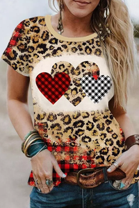 Leopard Plaid Heart Print Bleached T-shirt