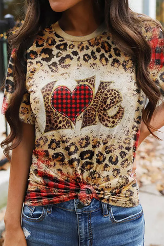 Leopard Plaid Love Heart Bleached T-shirt