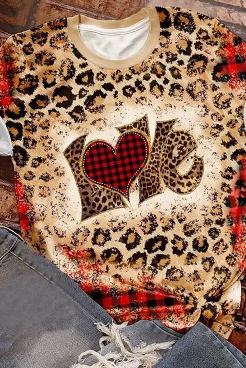 Leopard Plaid Love Heart Bleached T-shirt