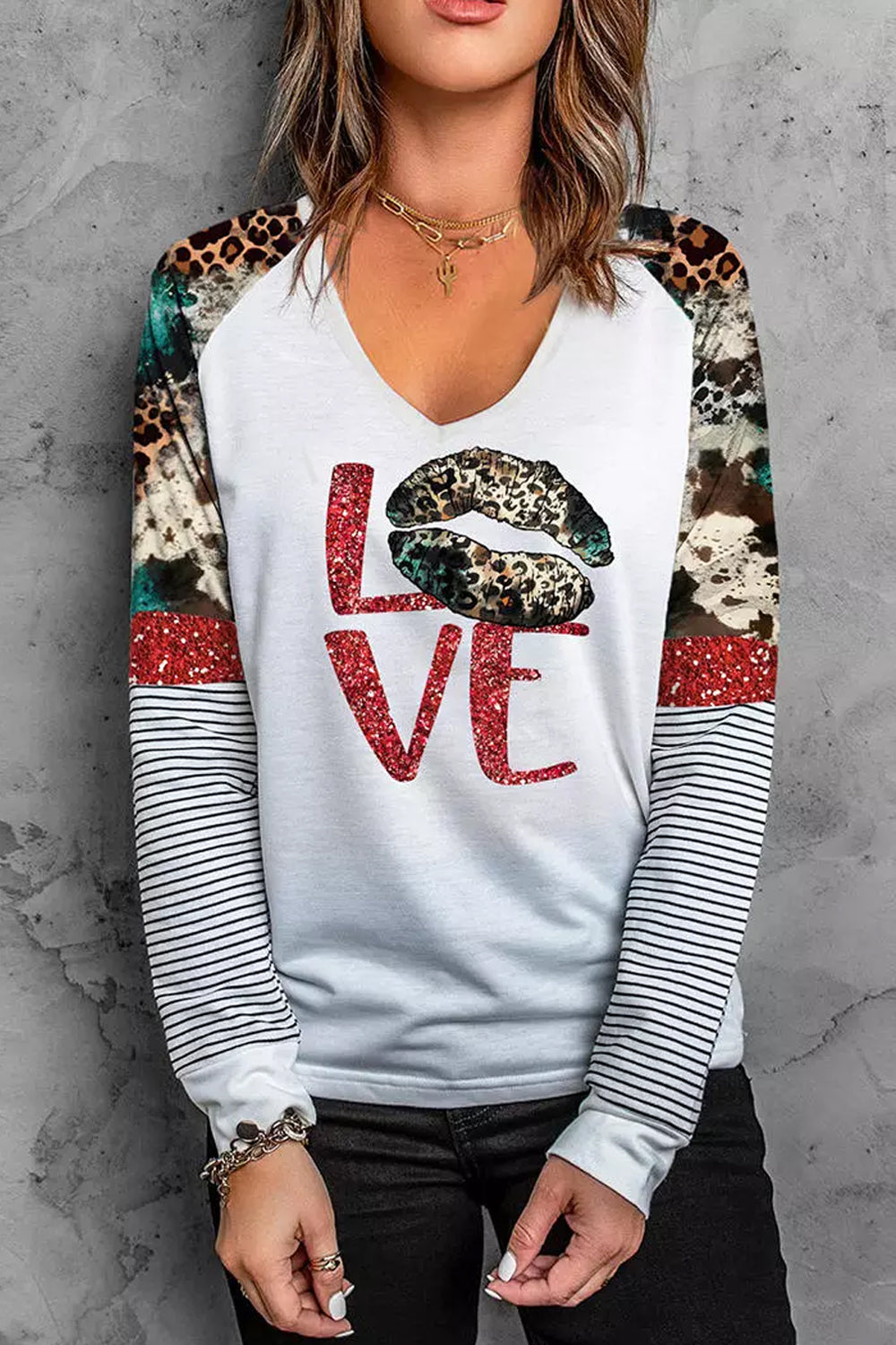 Love Leopard Glitter Striped Sweatshirt