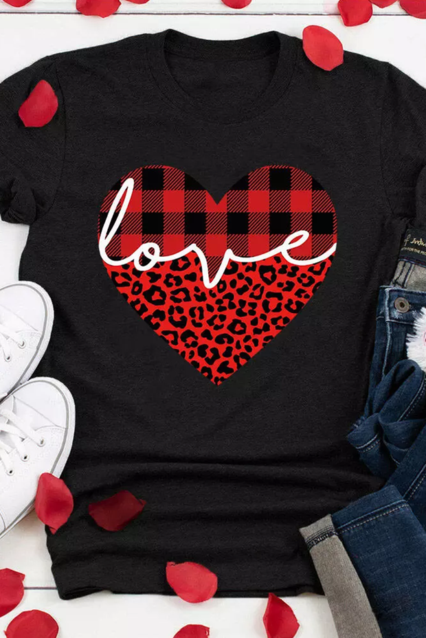 Love Leopard Plaid O-Neck T-shirt