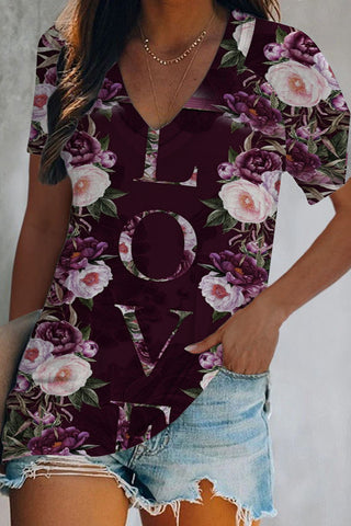 Love Rose Garden Vintage V-neck Short-sleeved T-shirt Top