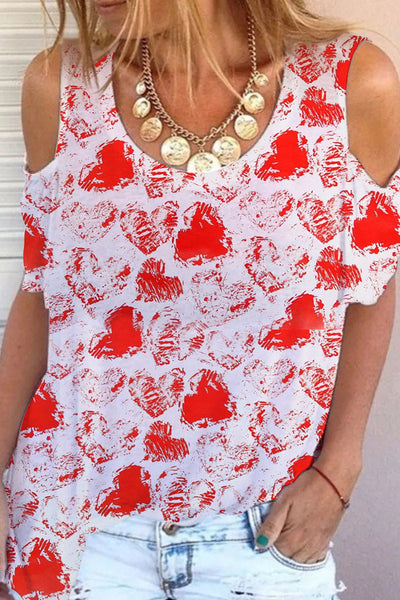 Red Ink Love Print Cold Shoulder T-shirt