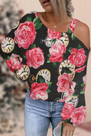 Rose Clock Black Slanted Shoulder One Shoulder Long Sleeve Blouse