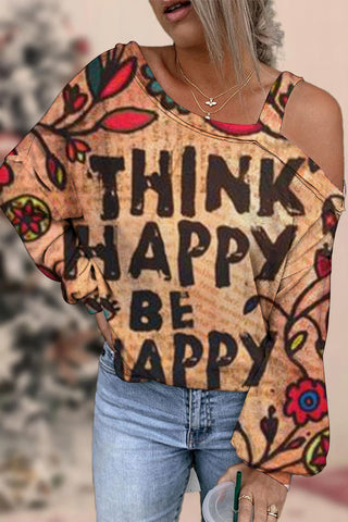 Thank Happy Be Happy Vintage One Shoulder Long Sleeve Blouse