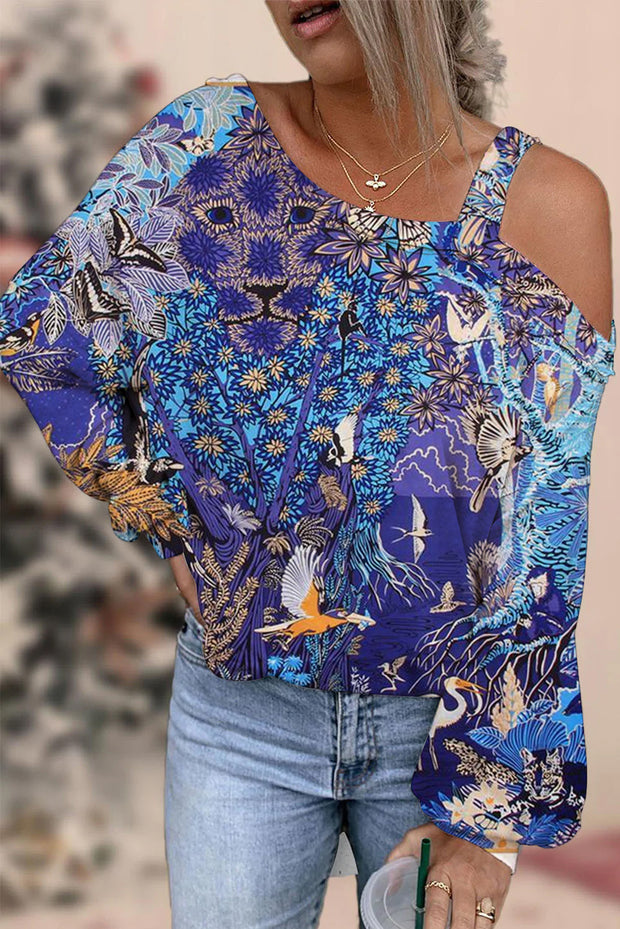 Dream Blue Giant Wood Garden Flying Bird Butterfly Slant Shoulder One Piece Neck Long Sleeve Blouse