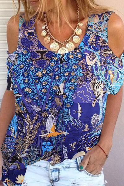 Dream Blue Giant Wood Garden Flying Bird Butterfly Strapless Sleeveless Vintage Beach Top