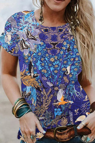 Dream Blue Giant Wood Garden Flying Bird Butterfly Retro Short-sleeved T-shirt Top