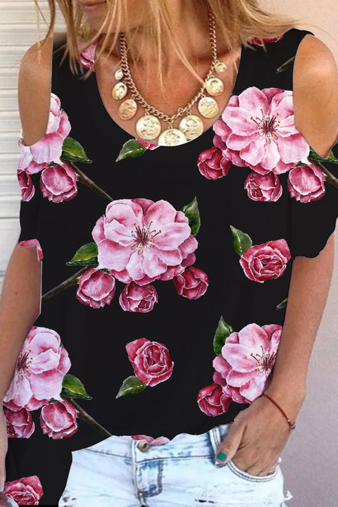 Fashion Floral Print Vintage Cold Shoulder T-shirt