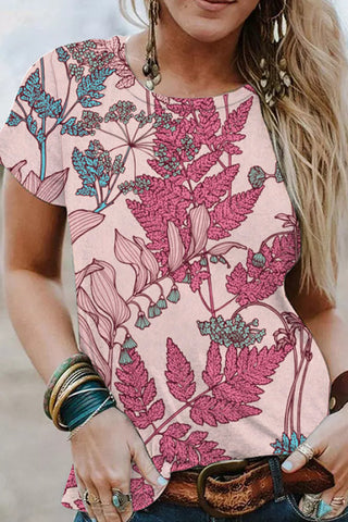 Fashion Flower And Leaf Print Pink Vintage Short-sleeved T-shirt Top
