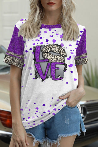 Leopard Print Lips Purple Sequin Love T-shirt
