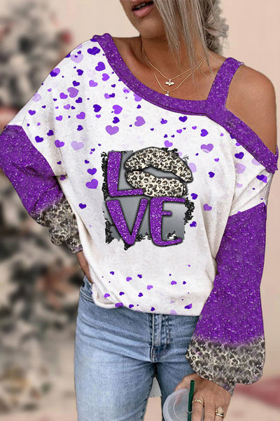 Leopard Print Lips Purple Sequin Love Off-shoulder Blouse