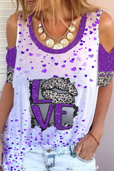 Leopard Print Lips Purple Sequin Love Cold Shoulder T-Shirt