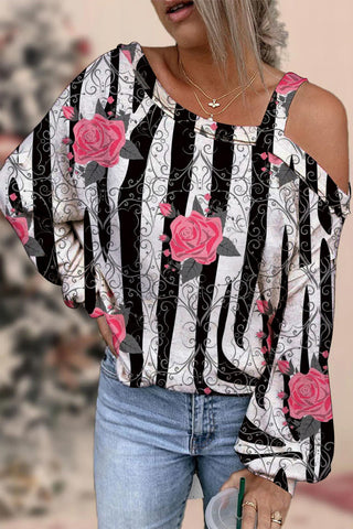 Valentine's Day Retro Pink Rose Thorns Zebra Print One-neck Slouchy Shoulder Long Sleeve Top