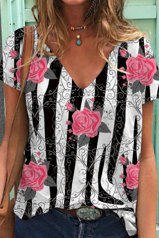 Valentine's Day Retro Pink Rose Thorns Zebra Print V-neck T-shirt Short Sleeve Top