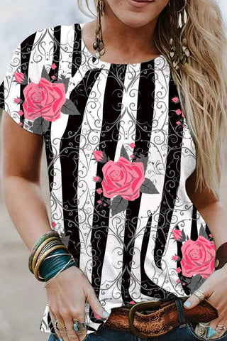 Valentine's Day Retro Pink Rose Thorns Zebra Print Round Neck T-shirt Short Sleeve Top