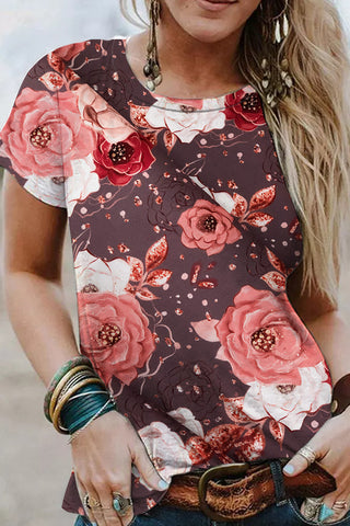 Valentine's Day Vintage Fashion Rich Doughnut Flower Pattern Round Neck T-shirt Short Sleeve Top