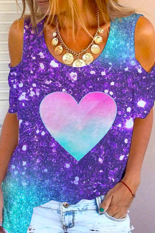 Glitter Colorful Heart Print Cold Shoulder T-Shirt