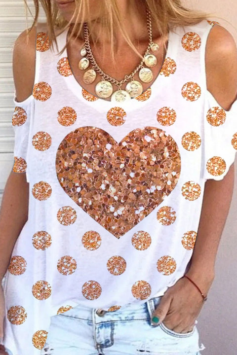 Glitter Golden Heart Polka Print Cold Shoulder T-Shirt