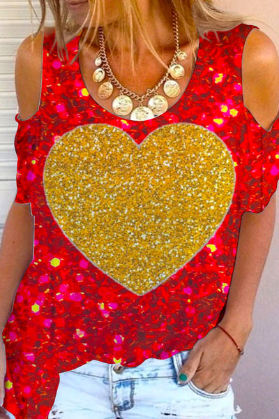 Glitter Golden Heart Print Cold Shoulder T-Shirt