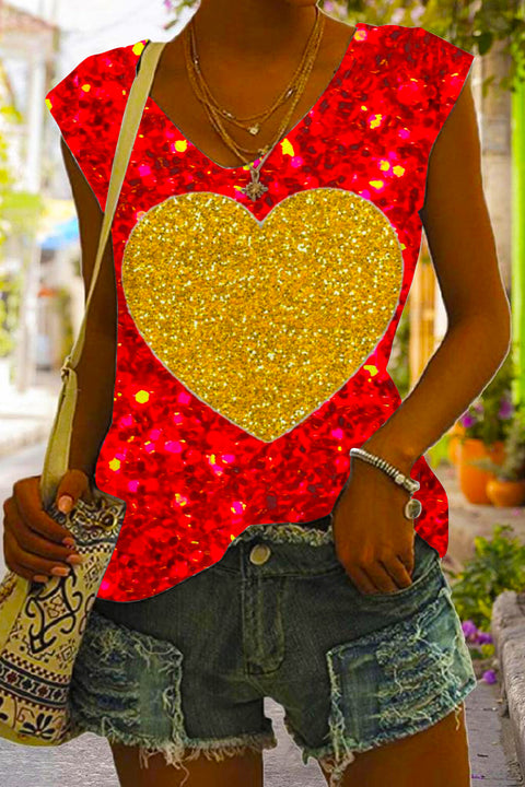 Glitter Golden Heart Print Tank Top