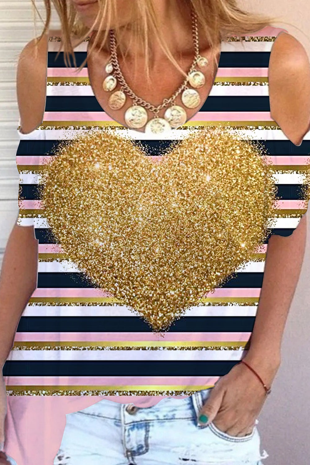 Glitter Golden Heart Striped Print Cold Shoulder T-Shirt