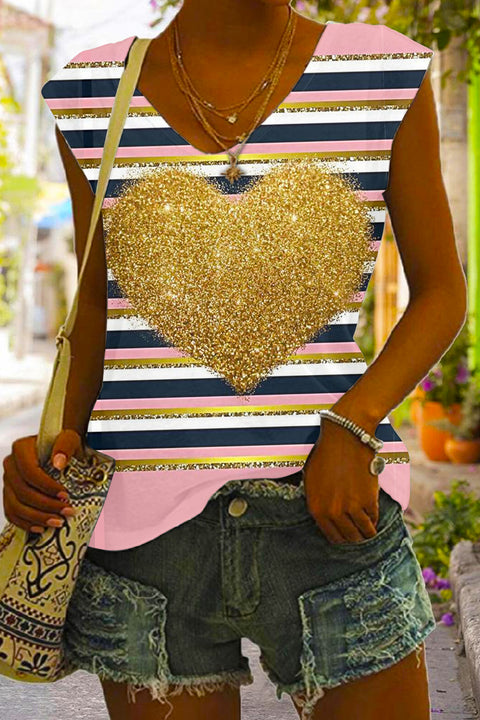 Glitter Golden Heart Striped Print Cold Shoulder Tank Top