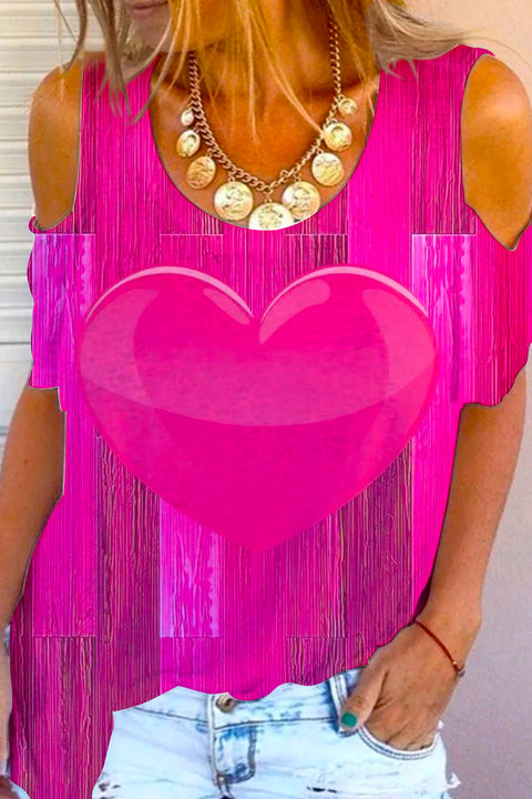 Glitter Heart Print Cold Shoulder T-Shirt