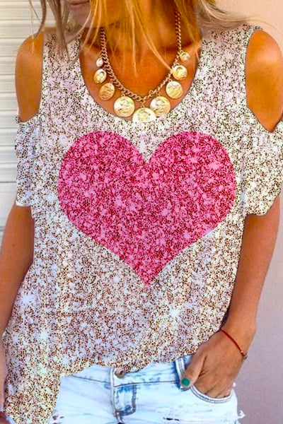 Glitter Heart Print Cold Shoulder T-Shirt