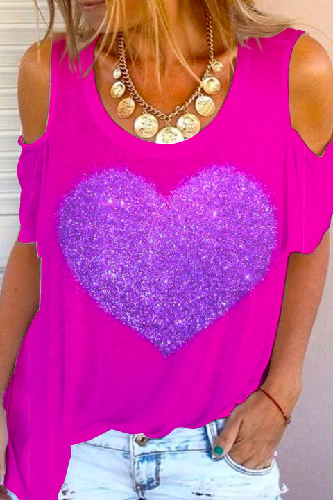 Glitter Heart Print Cold Shoulder T-Shirt