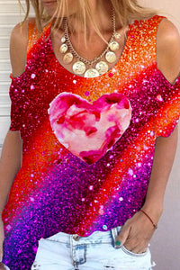 Glitter Heart Sparkles Print Cold Shoulder T-Shirt