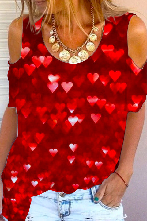 Glitter Hearts Print Cold Shoulder T-Shirt