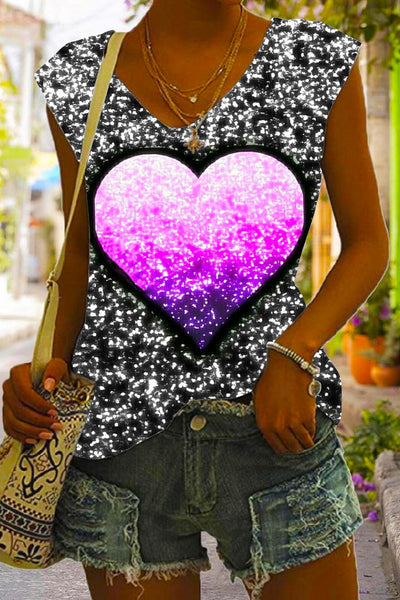 Glitter Purple Heart Print Tank Top